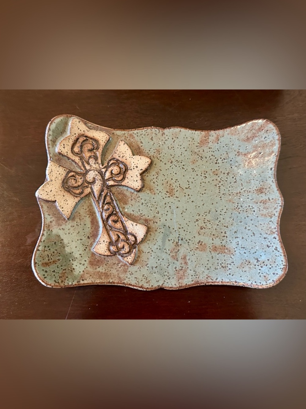 Decorative Speckled Mint Ceramic Trinket Dish with Cross Accent